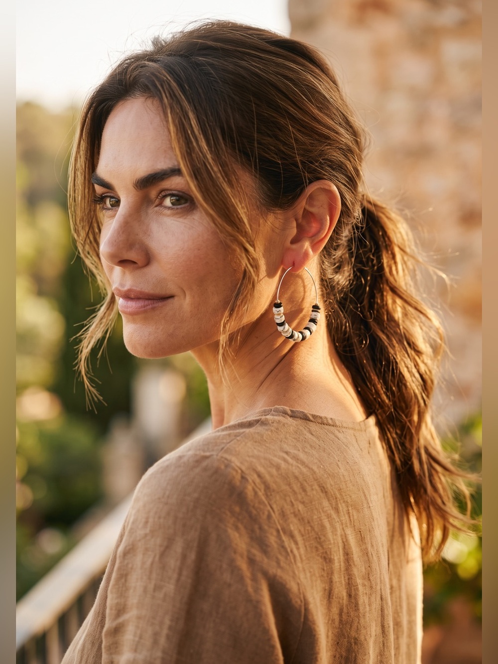 ๐ค๐คBlackโขWhiteโขTan๐ค๐คBoho-Style Heishi Clay Beaded Hoop Earrings/NWOT